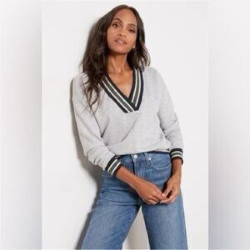 Evereve Gray V-Neck Sweatshirt with Black Accents